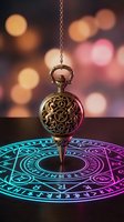 Vintage pocket watch suspended over glowing mystical zodiac circle with ornate engravings and colorful bokeh lights creating magical atmosphere for fortune telling.
