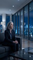 Middle-aged woman with gray hair, Caucasian ethnicity, wearing black business blazer and blue shirt, sitting on gray sofa in modern high-rise office overlooking illuminated city skyline at night, suitable for corporate, business leadership, and professional concepts.