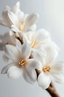 Delicate white stephanotis flowers with golden stamens in macro view against soft gray background, showcasing pure petals and natural floral elegance.