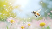 Honey bee hovering over pink cosmos flowers in soft morning light with bokeh effect and pollen particles floating in dreamy spring garden atmosphere.