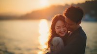 Young Asian couple embracing at sunset by lake, romantic moment with golden hour lighting, love and relationship concept for wedding or engagement content.