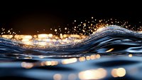 Mesmerizing wave surface with golden bokeh lights and water splashes against dark background, creating magical aquatic atmosphere with glowing particles.
