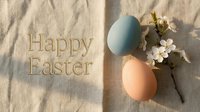 Happy Easter greeting card with pastel blue and pink eggs, white spring blossoms on linen fabric background, soft natural light.
