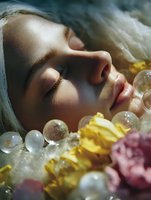 Close up portrait of young caucasian woman with closed eyes surrounded by glass spheres, yellow and pink flowers in soft natural lighting creating dreamy atmosphere.