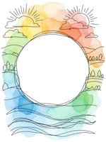 Watercolor landscape frame with rainbow sky, rolling hills, trees and ocean waves surrounding white circular space for text or design elements.