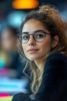 Young Caucasian woman with glasses and curly hair smiling in modern office environment with colorful bokeh lights in background for business concepts.