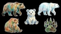 Watercolor bear sticker set isolated on transparent background, featuring grizzly, polar bear, cub, mother bear, and paw print, ready for t-shirt design, clipart, and print on demand.