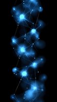 Abstract blue network connections with glowing nodes and lines on black background for technology and digital communication concepts.
