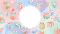 Colorful isometric gift boxes with ribbons and bows arranged around a blank white circle on pastel gradient background, isolated design element for greeting cards, invitations, and promotional materials.