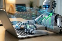 Futuristic robot with glowing blue eyes analyzing financial data charts and graphs on laptop computer in modern office environment for AI trading automation.
