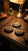 Vintage wooden desk with brass lamp, leather accessories, rotary phone, and carved wooden communication symbol coasters for retro office decor.