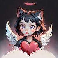 Anime style cat girl character with angel wings and red heart, black hair and big eyes against dark background. Digital art with pink glowing halo and fantasy elements.