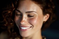 Young Hispanic woman with natural freckles and curly hair smiling with eyes closed in warm sunlight, expressing genuine joy and contentment in closeup portrait.