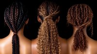 Three women with diverse textured hairstyles showing box braids, kinky curls and twist braids from behind on black background, highlighting natural hair beauty and styling.