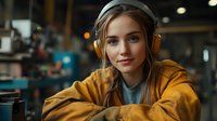Young Caucasian woman wearing yellow jacket and wireless headphones smiles while relaxing in urban cafe setting with warm ambient lighting and blurred background.