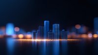 Modern city skyline silhouette with glowing blue light reflection on water surface at night, illuminated skyscrapers with bokeh effect in dark background.