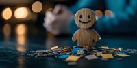 Wooden smiling figure standing on scattered puzzle pieces against blurred bokeh lights background, symbolizing happiness and problem solving solutions.