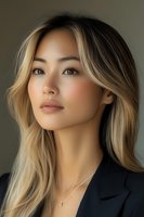 Young Asian woman with blonde highlighted hair and natural makeup wearing black blazer against neutral background for beauty and fashion advertising.