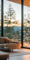 Cozy modern living room with panoramic windows overlooking forest sunset, string lights creating warm atmosphere, beige sofa and decorative pillows on carpet.