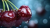 Fresh ripe cherries with water drops on dark background with bokeh effect, macro photography showing juicy fruit details and natural moisture.