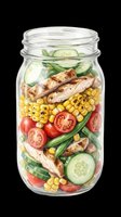 Mason jar salad with grilled chicken, fresh vegetables, and corn kernels isolated on transparent background. Ready for t-shirt designs, clipart, stickers, print-on-demand products, and sublimation projects.