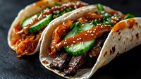 Grilled beef tacos with caramelized peppers, fresh cilantro and sesame seeds in soft tortillas on dark slate surface for restaurant menu design.