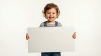 Happy toddler boy with curly brown hair holding blank white sign on isolated background for advertising and promotional content.