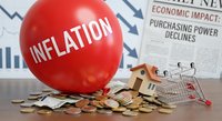 Red balloon with inflation text crushing coins and small house model near shopping cart and economic news headlines showing financial crisis impact.