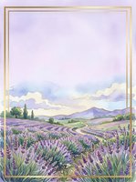 Watercolor lavender field landscape with golden frame border and purple sky for wedding invitations, greeting cards and romantic design projects.