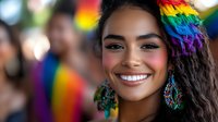 Young woman with bright smile wearing colorful earrings at pride celebration, rainbow colors in background, representing diversity, inclusion and LGBTQ+ community support.