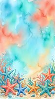 Watercolor underwater ocean scene with colorful starfish, coral reef, seaweed and marine life on aqua blue background for summer coastal designs.