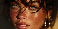 Close-up portrait of young woman with freckles, green eyes, and tanned skin in warm golden light, showcasing natural beauty and glowing complexion.