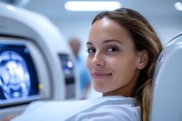 Young female medical professional smiling confidently in modern diagnostic room with MRI or CT scanner equipment in background, healthcare technology setting.