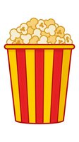 Striped popcorn bucket filled with golden kernels isolated on white background for cinema and entertainment designs.