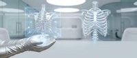 Medical professional displaying holographic human skeleton and ribcage anatomy in modern healthcare facility for educational training purposes.