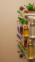 Essential oils in glass bottles with fresh herbs and spices on beige background for aromatherapy wellness and natural skincare treatments.