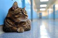 Striped cat lying on floor in hospital corridor with blue walls, looking away thoughtfully. Veterinary clinic interior with soft bokeh background.