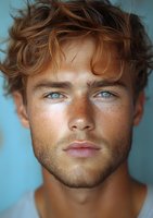 Close up portrait of young Caucasian male model with intense blue eyes, ginger wavy hair, and freckles against blue background. Natural daylight enhances facial features.