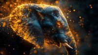 Majestic elephant profile with glowing golden particles and blue luminescent effects against dark background, creating dramatic wildlife art composition.