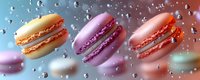 Three colorful macarons floating with scattered crumbs against gradient background. French pastry dessert confection in orange, purple and coral colors.