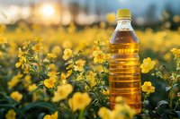 Fresh cold-pressed rapeseed oil bottle in blooming yellow canola field at sunset, natural organic cooking oil production concept for healthy lifestyle.