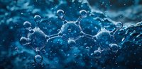 Molecular structure with water drops on dark blue background, scientific concept showing connected spheres forming chemical bonds in aqueous environment.