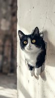 Black and white cat with striking amber eyes sitting against weathered white wall. Domestic feline pet portrait for animal lovers and cat enthusiasts.