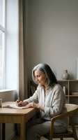 Senior woman with long gray hair and light skin tone writing in notebook at wooden desk by window in minimalist interior, suitable for lifestyle, education, and wellness content.