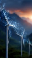 Wind turbines against dramatic sunset sky with magical bokeh light effects and mountain silhouettes in background, renewable energy concept.