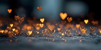 Glowing golden heart bokeh lights on dark background creating romantic atmosphere for Valentine's Day or wedding design.