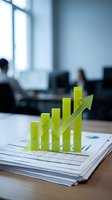 Green growth chart with upward arrow on financial documents in modern office environment for business success presentations and reports.