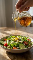 Male hand pouring golden olive oil from decorative glass bottle onto fresh green salad with tomatoes, cucumbers, and feta cheese in white bowl for cooking and food preparation.