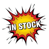 Comic book style explosion burst with IN STOCK text in white letters on yellow center with red flames and black spikes on transparent background.