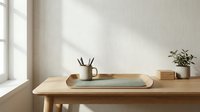 Minimalist wooden desk workspace with laptop, ceramic mug with pencils, and small potted plant in bright natural sunlight for modern home office productivity.